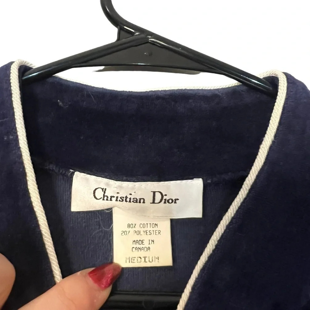 Vintage 1980s Christian Dior Women's Medium Navy Velour House coat/Dressing Gown - Picture 2 of 5